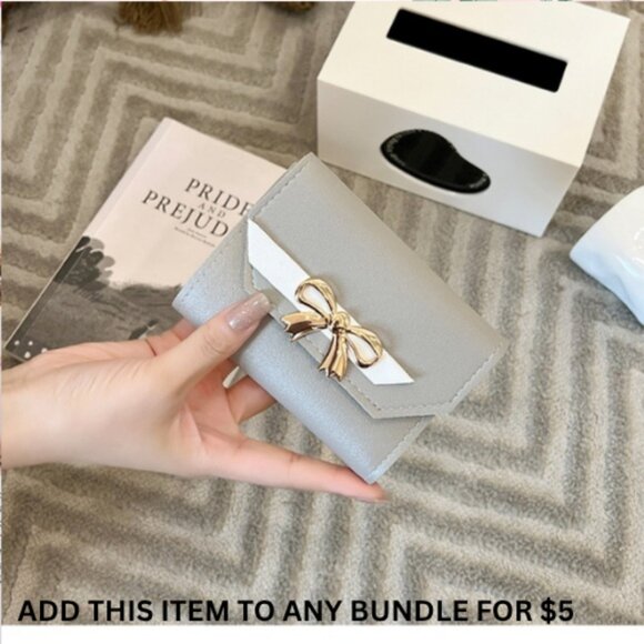$5 ADD ON ITEM- Small Grey Faux Leather Wallet with Bow Compact Card Holder - Picture 1 of 7